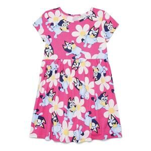Bluey Girls Dress Pink Floral Short Sleeve Play Dress – Size M 8